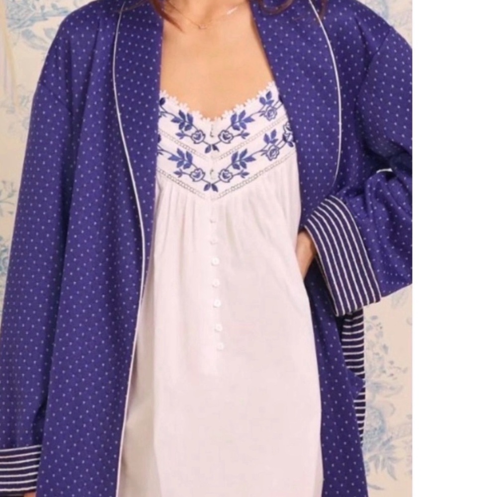 Eileen West Navy classic diamond quilt wrap robe & cotton nightgown.